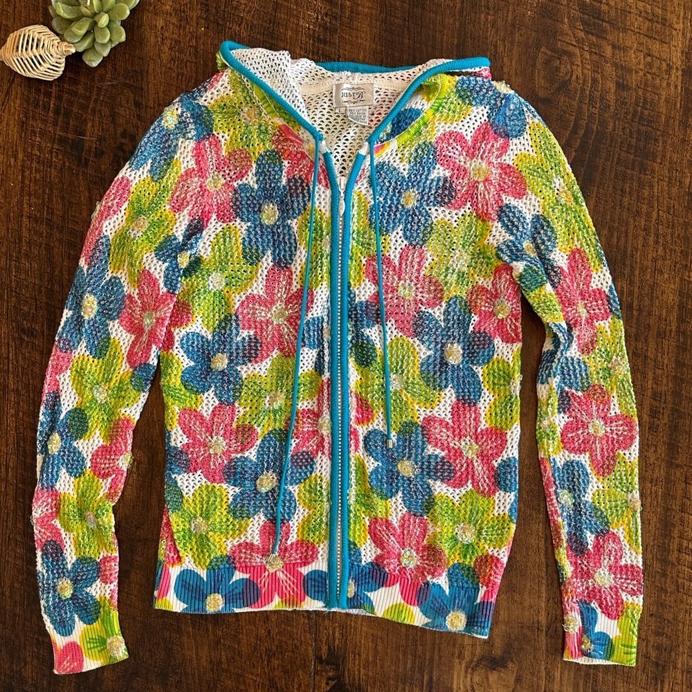 Just B | Floral Mesh Zip-Up Hoodie Sweater Sequin Embellished Cotton Blend, L